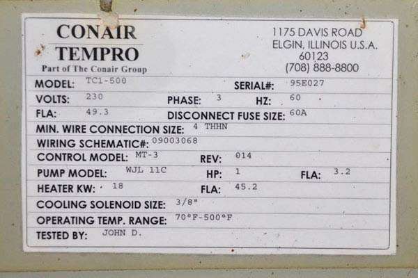 Picture of Conair Model Tempro TC1-500 Hot Oil Heater unit with Cooling Circuit For_Sale DCM-3532
