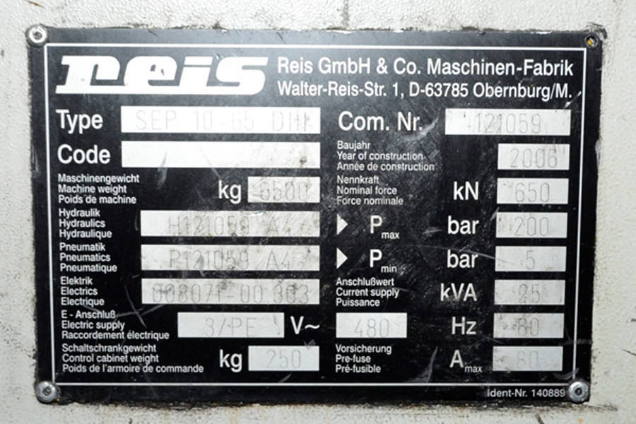 Picture of Reis Trim Press Model SEP 10-65 D111 Three Column (Post) Vertical Hydraulic Die Casting Trim Press For_Sale DCM-3754