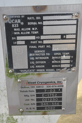 Picture of UCAR Model TM3000 Cryogenic Bulk Storage Tank for Liquid Nitrogen, Liquid Argon, Liquid Oxygen For_Sale DCM-4255